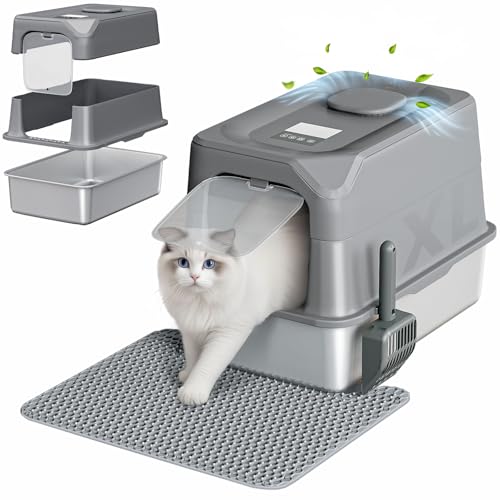 Geruchskontrolle, Edelstahl-Katzentoilette, große Katzentoilette mit Deckel, 60,2 x 40,9 x 42,7 cm, abgedeckte Metall-Katzentoilette mit Katzentoilette und Schaufel, 3-in-1 geschlossene Katzentoilette von YDTOP