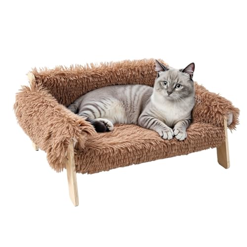 YDYAENIO Großes Katzenbett, stabiles Holzbein, erhöhtes Plüschsofa for Kätzchen, for Hauskatzen – weiche Couch(Brown) von YDYAENIO