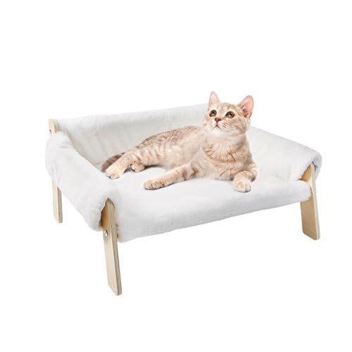 YDYAENIO Großes Katzenbett, stabiles Holzbein, erhöhtes Plüschsofa for Kätzchen, for Hauskatzen – weiche Couch(White) von YDYAENIO