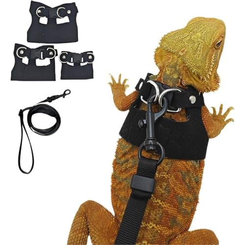 Hundegeschirr für Bartagamen, Eidechse, verstellbar, weiches Leder, Eidechsengeschirr, Leine, Kleintiere, Zugseil (schwarz), 3 Stück von YEHOOM