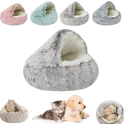 Kleines Hundebett, Katzenbetten für Innenkatzen, waschbar, Katzenbett, rund, Plüsch, flauschig, mit Kapuze, beruhigendes Katzenbett für kleine, mittelgroße Haustiere (grauer langer Samt, 40 x 40 cm) Kleines Hundebett, Katzenbetten für Innenkatzen, waschbar, Katzenbett, rund, Plüsch, flauschig, mit Kapuze, beruhigendes Katzenbett für kleine, mittelgroße Haustiere (grauer langer Samt, 40 x 40 cm) von YEHOOM