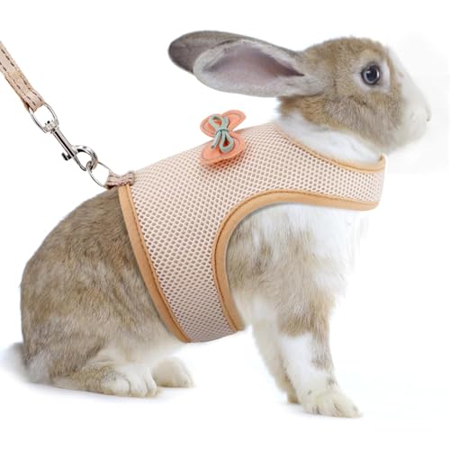 Verstellbares weiches Geschirr mit elastischer Leine für Kaninchen, atmungsaktiv, Hasenweste, Geschirr, Outdoor, Camping, Wandern, Training (Beige, L) von YEHOOM