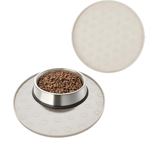 Hundenapf Matte mit Erhöhtem Rand, Verdickter Silikon, Wasserdicht, rutschfest, Hundeabdrücke,28x28 cm (2 stück Beige, 28X28 cm) von YEICXOH