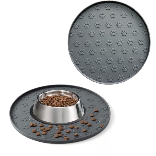 Hundenapf Matte mit Erhöhtem Rand, Verdickter Silikon, Wasserdicht, rutschfest, Hundeabdrücke,28x28 cm (2er-Pack Grau, 28X28 cm) von YEICXOH