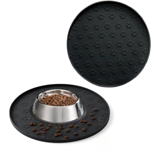 Hundenapf Matte mit Erhöhtem Rand, Verdickter Silikon, Wasserdicht, rutschfest, Hundeabdrücke,28x28 cm (2er-Pack Schwarz, 28X28 cm) von YEICXOH