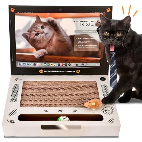 Pappkarton-Kratz-Laptop für Katzen mit Spielzeug-Plüschmaus & Glöckchenball 3-in-1 Robuste Wellpappe-Kratzmatte Kratzspielzeug für Katzen Kratzübungsunterlage Interaktives Aktivitätszentrum für Katzen von YEIG