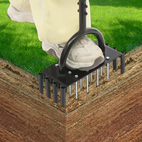 YEITBY 2-in-1 Rasenlüfter, Aerifizierer für Rasen, Manuell Rasenbelüfter mit 16 Eisenspikes, Heavy Duty Handvertikutierer Rasen Belüften für Verdichtete Böden, odenbelüftung, Rasenpflege von YEITBY