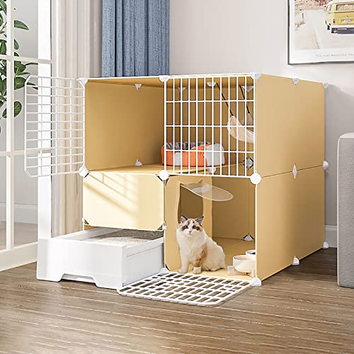 YEKIM Katzenkäfig, DIY-Katzenkäfige für Kleintiere, abnehmbares Katzengehege aus Metall, Kätzchenkäfig, Katzenhaus, Übungsort, ideal für 1–3 Katzen (Farbe: Gelb, Größe: 75 x 95 x 73 cm) von YEKIM