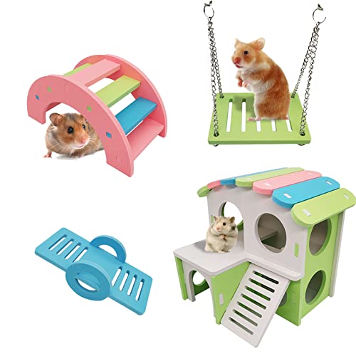 YEKUYEKU Hamster House, Wooden Hamster House, Small Animal Hideout, with Climbing Ladder Hamster Play Toys for Dwarf Hamster and Mouse (Farbe) von YEKUYEKU