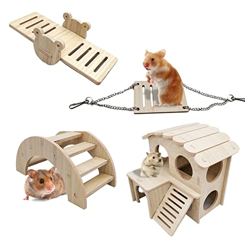 YEKUYEKU Hamster House, Wooden Hamster House, Small Animal Hideout, with Climbing Ladder Hamster Play Toys for Dwarf Hamster and Mouse (Weiß) von YEKUYEKU