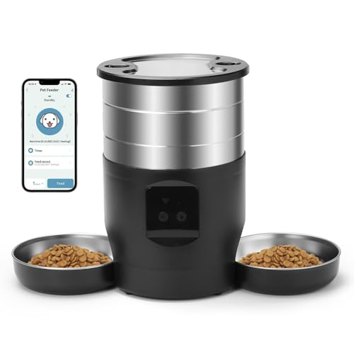 Futterspender für Katzen, automatisch, doppelt, Edelstahl, Futterspender für Hunde mit 2 Schüsseln, Edelstahl, elektronischer Futternapf, pro Tag, personalisierbar, automatischer Spender (APP) von YEOOIYCW