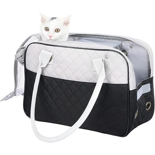 Gesteppte Tragetasche für Haustiere, Schwarz und Grau, tragbare Reisetasche mit Netz-Belüftung für Katzen und kleine Hunde von YEOSEA