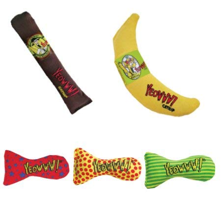 Yeowww Yeoww Katzenspielzeug mit sehr stark,biologisch katzenminze, 5 stück (1x Banana 1x zigarre 3X sardinen) von YEOWWW