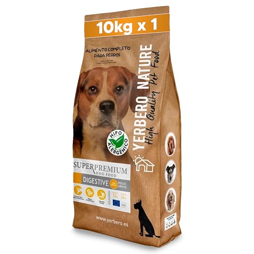 YERBERO Nature Digestive Hypoallergenes Hundefutter, 10 kg – Superpremium Hühnchen und Reis, erleichtert die Verdauung, Low Grain Futter mit Lachsöl und Omega 3, glutenfrei von YERBERO
