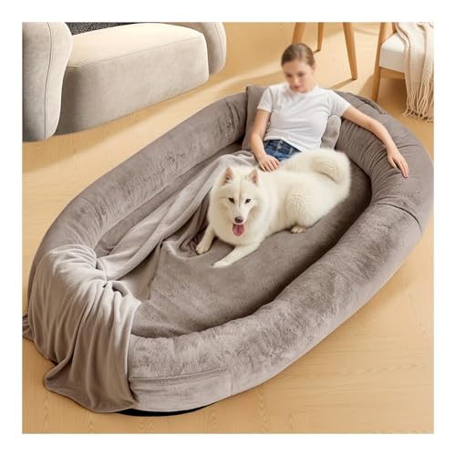 YFAURNDE Hundebett for Menschen Hunde,Luxuriöses menschliches Hundebett mit Memory-Schaum,Mit abnehmbarem und waschbarem Bezug, Decke und Kissen(Brown) von YFAURNDE