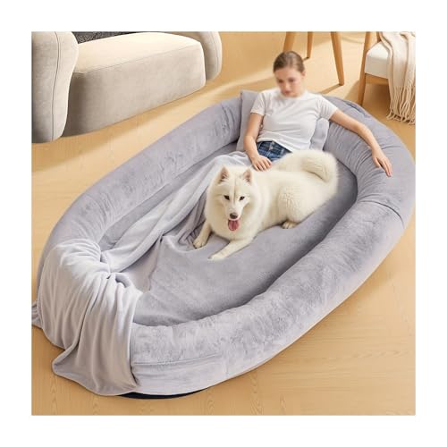 YFAURNDE Hundebett for Menschen Hunde,Luxuriöses menschliches Hundebett mit Memory-Schaum,Mit abnehmbarem und waschbarem Bezug, Decke und Kissen(Gray) von YFAURNDE