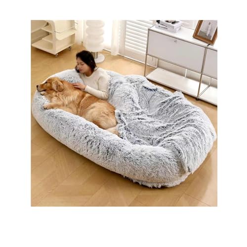 YFAURNDE Menschen- und Haustierbett,Hundebett für Erwachsene und Haustiere,Menschengroß, waschbar, Wird mit Einer Decke geliefert, für Nickerchen(White Gray,185cm) von YFAURNDE