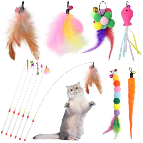 12 Stück Katzenspielzeug Selbstbeschäftigung mit Feder, Enthält 6 Katzenangel und 6 Federspielzeuge mit Glöckchen, Interaktives Katzenspielzeug für Katzen，Fun Exerciser Playing Toy for Kitten or cat von YFLeomry