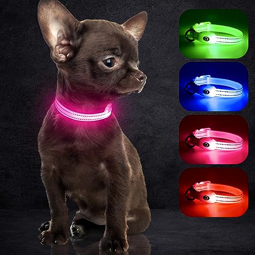 Wiederaufladbares LED-Welpenhalsband, YFbrite LED-Katzenhalsband, Bequem Leuchtende Welpenhalsbänder, Verstellbares Reflektierendes Welpen-Gehlichthalsband für Sicherheit (Rosa, XS) von YFbrite