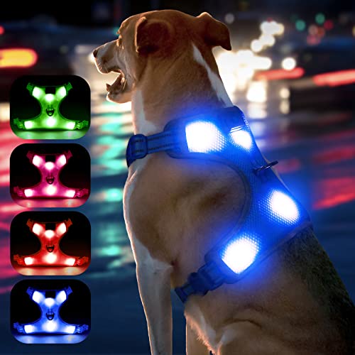 YFbrite Beleuchtetes Hundegeschirr, wiederaufladbar über USB, LED-Hundegeschirr, reflektierendes Hundegeschirr, Hunde-Lichter für Geschirr, bequem verstellbares Hundegeschirr, blinkend (blau, groß) von YFbrite