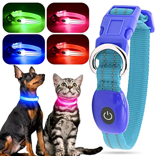 LED Katzenhalsband Leuchtende Hundehalsbänder für Kleine Hunde USB Aufladbares Welpenhundehalsband, Einstellbares Sicherheitshalsband Blinkend für Katzen Und Kleine Hunde (Blau, XS) von YFbrite