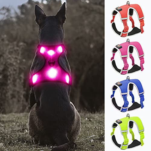 YFbrite Leuchtendes Hundegeschirr - Wiederaufladbares USB-LED, Reflektierend, Bequem, Verstellbar, Atmungsaktiv Mit Hundelichtern Und Handpresse (Rosa, Groß) von YFbrite