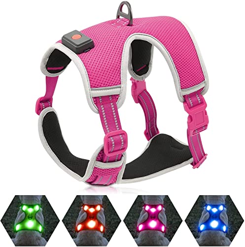 YFbrite Leuchtendes Hundegeschirr, wiederaufladbares USB-LED-Hundegeschirr, reflektierendes Hundegeschirr, Hundelichter für Geschirr, bequem, verstellbar, atmungsaktiv, Hundehandpresse (Rosa, klein) von YFbrite