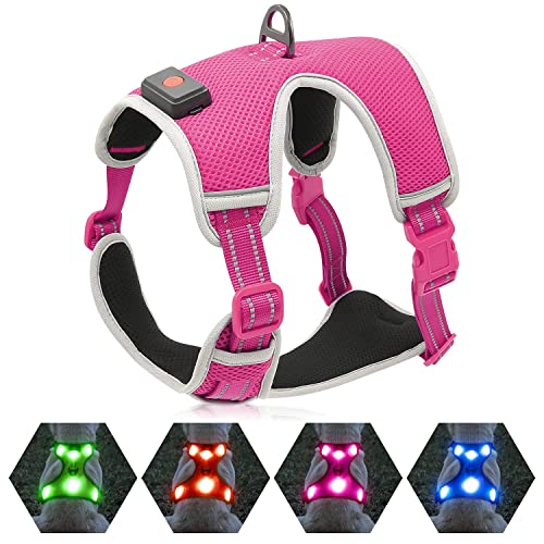 YFbrite Leuchtendes Hundegeschirr, wiederaufladbares USB-LED-Hundegeschirr, reflektierendes Hundegeschirr, Hundelichter für Geschirr, bequem, verstellbar, atmungsaktiv, Hundehandpresse (Rosa, groß) von YFbrite