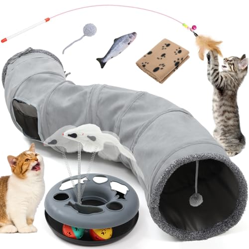 YGJT Katzenspielzeug für Indoor-Katzen, interaktives Spielzeug-Set mit Katzentunnel, drehenden Bällen, Federstäben, Fisch, Katzendecke und Ballspielzeug, Kätzchenspielzeug für Langeweile YGJT Katzenspielzeug für Indoor-Katzen, interaktives Spielzeug-Set mit Katzentunnel, drehenden Bällen, Federstäben, Fisch, Katzendecke und Ballspielzeug, Kätzchenspielzeug für Langeweile von YGJT