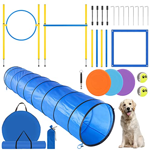 YGORTECH Agility-Trainingsgerät für Hunde, Hinderniskurs, Starter-Set, Haustier-Outdoor-Spiele mit Tunnel, Webstangen, verstellbarer Hürde, Sprungring, Pausenbox, Spielzeug und Tragetasche von YGORTECH