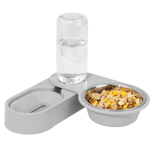 YHNNH Gedenkurne für Haustiere, Wasser- und Futterspender for Katzen – Futternäpfe mit Trinkflasche tragbarer Futter- Wasserspender for Haustiere, Rutschfester Edelstahl(Gray) von YHNNH