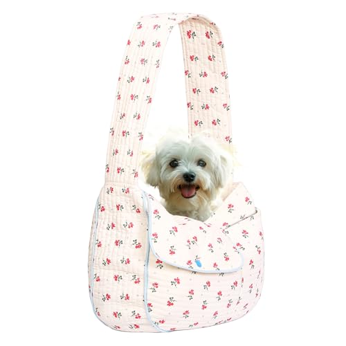 Tragetasche für Hunde und Katzen, Baumwolle, Blumendruck, Handtasche (Weiß, klein) von YHSHYZH