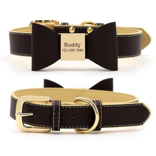 Hundehalsband aus weichem und bequemem PU-Leder, mit Schleife, personalisierbar, Anti-Verlust, verstellbar, Chihuahua, Mops, Französische Bulldogge, Dunkelbraun, Größe XL von YHTAKF