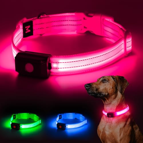YIAZIM Leuchthalsband Hund Aufladbar, Einstellbare LED Halsband Hund für Kleine Mittlere Große Hund, Hunde Leuchthalsband für Nächtliche Spaziergänge USB Wiederaufladbare (Rosa, L) von YIAZIM