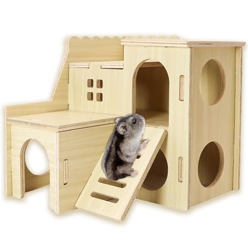 Hamsterversteck - Labyrinthhaus aus Holz mit Rutsche & Leiter - Natürlicher Kleintier-Lebensraum für Zwerghamster, Rennmäuse, Mäuse und kleine Haustiere (nur Pygmäerratten) (Springkabine) von YIBIKEHO