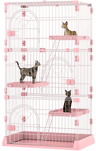 Katzenkäfig mit 4 Ebenen, Katzenkäfig, Laufstall, Katzenkäfig, großer Raum, 76,2 x 50,8 x 132,5 cm, für 1-3 Katzen, rosa Katzenbox mit 3 Plattformen, 3 Vordertüren, 2 Rampenleitern von YIFOR