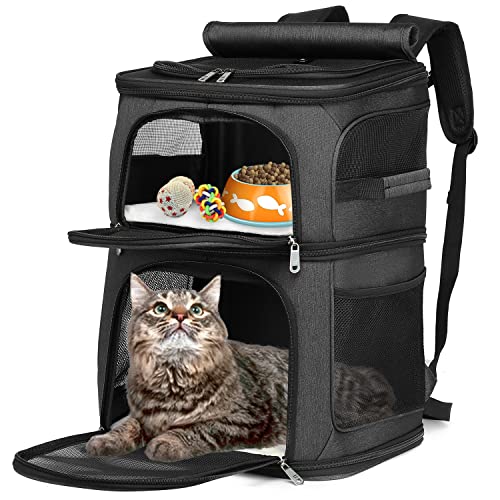 Doppelter Haustier-Trage-Rucksack 2-in-1 für kleine Katzen und Hunde, Katzen-Rucksack, tragbar, für Reisen, belüftetes Design, Schwarz von YILIN