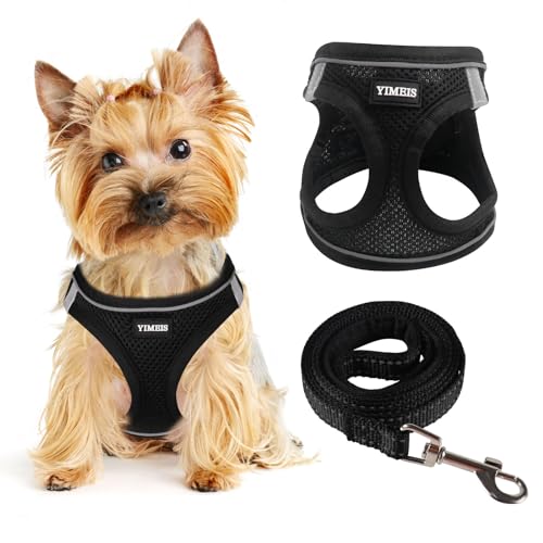 YIMEIS Hundegeschirr für kleine Hunde, kleine Hunde, mit Wabengitter, reflektierendes, leichtes Geschirr und verdrehsichere Haustierleine, Hundegeschirr (mehrfarbig, Größe: XS-S-M) (XS, Schwarz) von YIMEIS