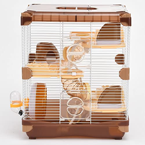 Hamsterkäfig, Kleintierkäfig, 3 Ebenen, Braun, geräumiges Tablett, leicht zu reinigen, atmungsaktiv, leicht zu reinigen, Größe 36 cm (B) x 26 cm (L) x 42 cm (H), geeignet für kleine Hamster unter 7,6 von YIPJYPET