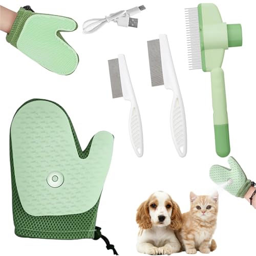Tierhaarentferner Handschuh, Katzenbürste mit Flohkamm für Katzen, Haustierpflege Sprühhandschuhe, Selbstreinigender Flohkamm, Bürste Katze mit Einem Knopf für Hunde/Katzen, Entfernen von Fell, Flöhe von YISKY