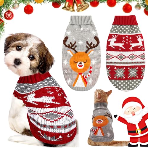 Weihnachts Katze Hunde Pullover, 2 Stück Cartoon Rentier Haustier Pullover, Katze Hund Weihnachtskostüm, Weihnachten Muster Strickwaren, Haustier Weihnachtspullover für Katze Hunde von YISKY