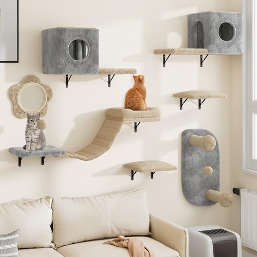 YITAHOME 8-Teiliges Stabiler Kletterwand Katzen Set aus Flanell, Katzenmöbel mit Katzenhaus, Katzenbett, Katzenkratzbrett, Katzenhängebrücke, Sisalsäule für Katze Schlafen Spielen Lounging von YITAHOME