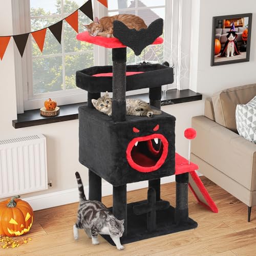 YITAHOME Gothic Kratzbaum, Mehrstöckiger Kratzturm mit Zwei Sitzstangen, Bodenplattform, Kletterrampe, Pom-Pom-Ball, Spinnenornamenten und Sisalstämmen, Katzenhaus für Drinnen, Schwarz & Rot YITAHOME Gothic Kratzbaum, Mehrstöckiger Kratzturm mit Zwei Sitzstangen, Bodenplattform, Kletterrampe, Pom-Pom-Ball, Spinnenornamenten und Sisalstämmen, Katzenhaus für Drinnen, Schwarz & Rot von YITAHOME