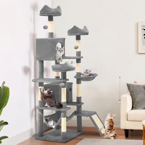 YITAHOME Hoher Kratzbaum, 190 cm, mehrstöckiger Katzenturm mit Sisal-Kratzbäumen und Rampe, Plüsch-Sitzstangen, Hängematte, geräumigen Wohnungen, Katzen-Aktivitätszentrum für Kätzchen, Grau von YITAHOME