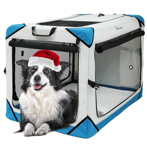 YITAHOME Hundebox Hundetransportbox faltbar, Reisebox Hundetasche mit weichem Kissen, Haustierhütte aus 600D-Stoff, Transportbox Transporttasche für Haustiere, Hunde und Katzen, Grau, 91x63x63 cm von YITAHOME