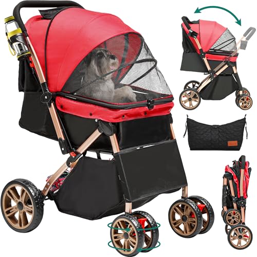 YITAHOME Hundewagen Hundebuggy klappbar für Hunde & Katzen bis 22 kg Katzenbuggy mit 360°-Drehrädern, Tragetasche, Kissen Netzfenstern Türen Katzenwagen mit Aufbewahrungskorb Buggy (Rot) von YITAHOME