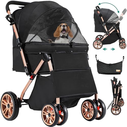 YITAHOME Hundewagen Hundebuggy klappbar für Hunde & Katzen bis 22 kg Katzenbuggy mit 360°-Drehrädern, Tragetasche, Kissen Netzfenstern Türen Katzenwagen mit Aufbewahrungskorb Buggy (Schwarz) von YITAHOME