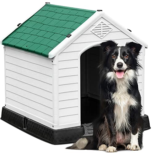 YITAHOME Hundehütte Kunststoff Hundehaus Plastik, obuste Haustierhütte mit Lüftungsgitter und erhöhtem Boden, Grün, Weiß von YITAHOME
