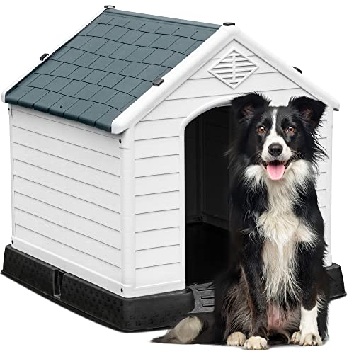 YITAHOME Hundehütte Kunststoff Hundehaus Plastik, obuste Haustierhütte mit Lüftungsgitter und erhöhtem Boden, Weiß, Grau von YITAHOME