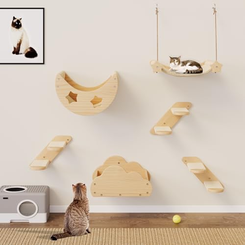YITAHOME Katzen Kletterwand, Kletterwand Katzen Set aus Massivholz, 6-Teiliges Stabiler Katzenmöbel mit 3 Katzentreppe, 2 Katzenbett, 1 Flanell-Katzenhängematte für Katze Schlafen Spielen Lounging YITAHOME Katzen Kletterwand, Kletterwand Katzen Set aus Massivholz, 6-Teiliges Stabiler Katzenmöbel mit 3 Katzentreppe, 2 Katzenbett, 1 Flanell-Katzenhängematte für Katze Schlafen Spielen Lounging von YITAHOME